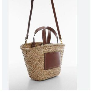 MANGO MNG straw and faux-leather women's small tote shoulder bag - NATURAL/BROWN